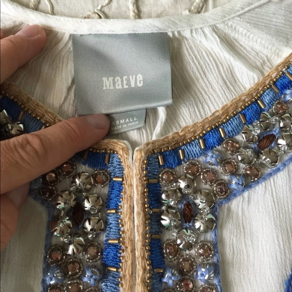 Anthropologie Maeve embellished embroidered top XS jeweled boho gauzy white - Picture 4 of 8